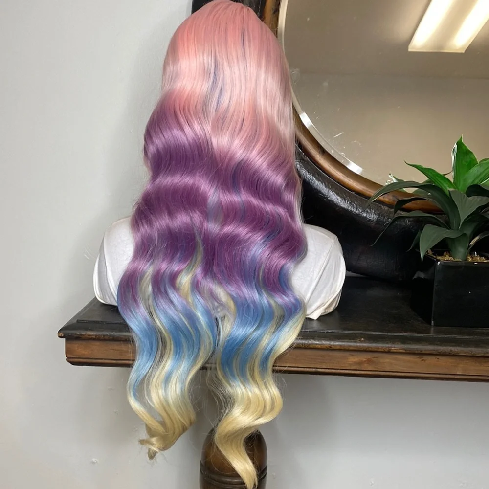 MINAJ| LONG BODY WAVE PINK TO LAVENDER DEEP SIDE PART LACE FRONT WIG - Picture 5 of 6